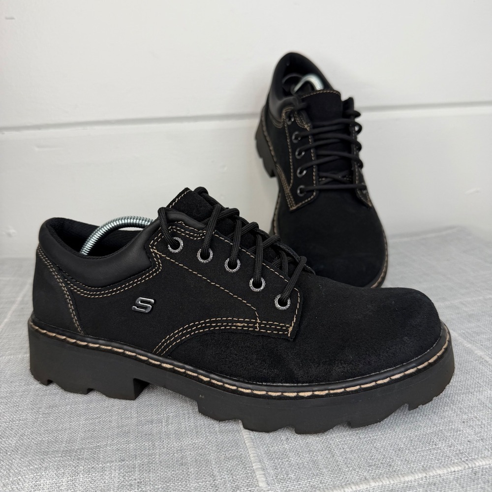 Skechers Women's 10 Parties Mate Oxford Black Suede Leather Y2K Style Lace Up